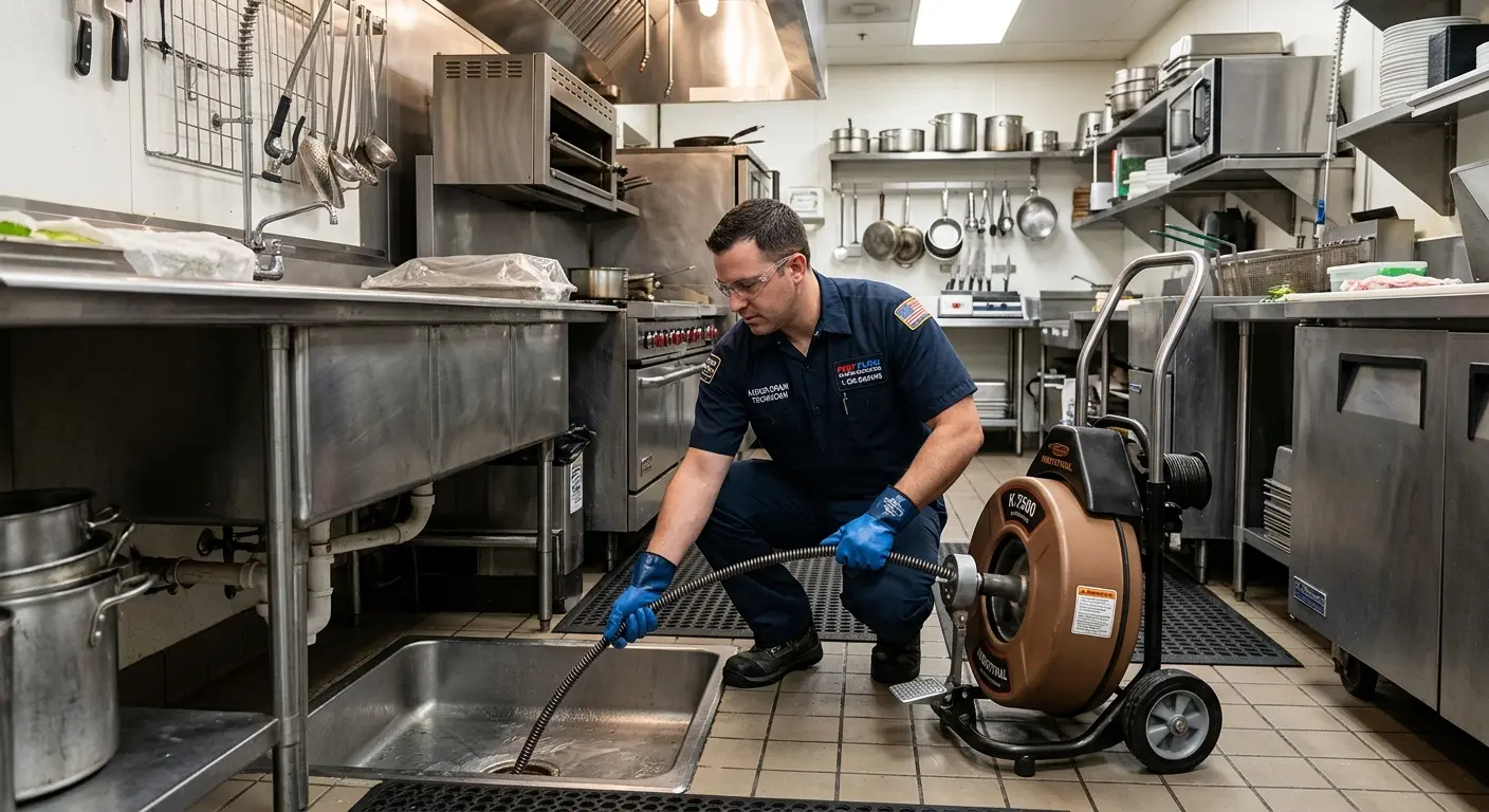 Commercial drain cleaning service in a restaurant kitchen in Greenburgh
