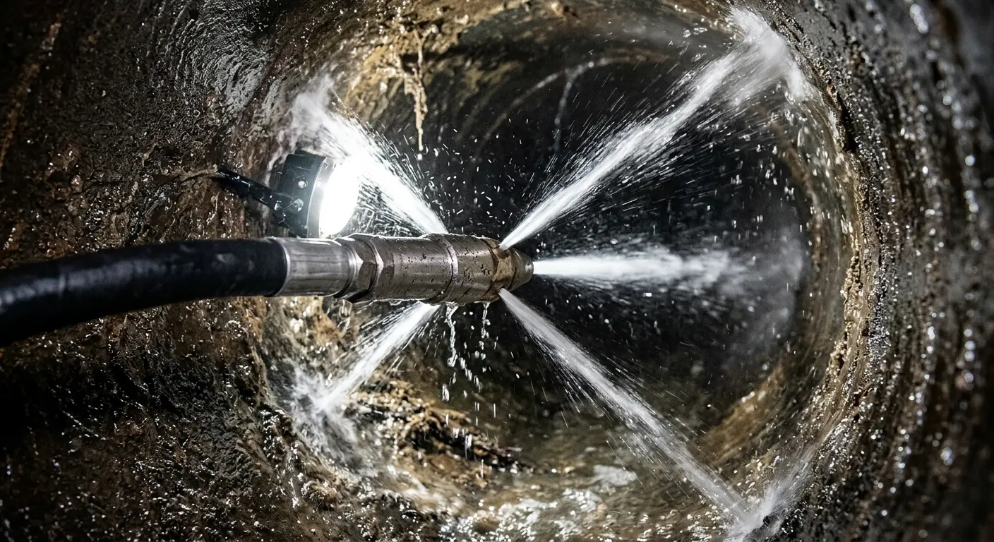 High-pressure hydro jetting nozzle cleaning sewer pipe for Sewer Line Relining in Greenburgh
