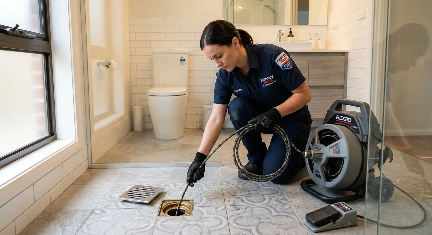 Technician clearing a bathroom floor drain for Clogged Drain Repair in Greenburgh